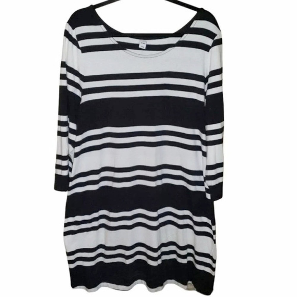 Old Navy T-Shirt Dress XL Black White Striped 3/4 Sleeve Scoop Neck Mini